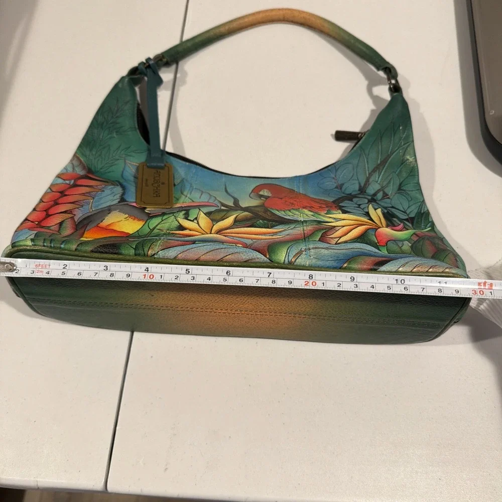 Anuschka Leather Hobo Tropical Bliss‎ Hand Painted Purse Brass Hardware Birds